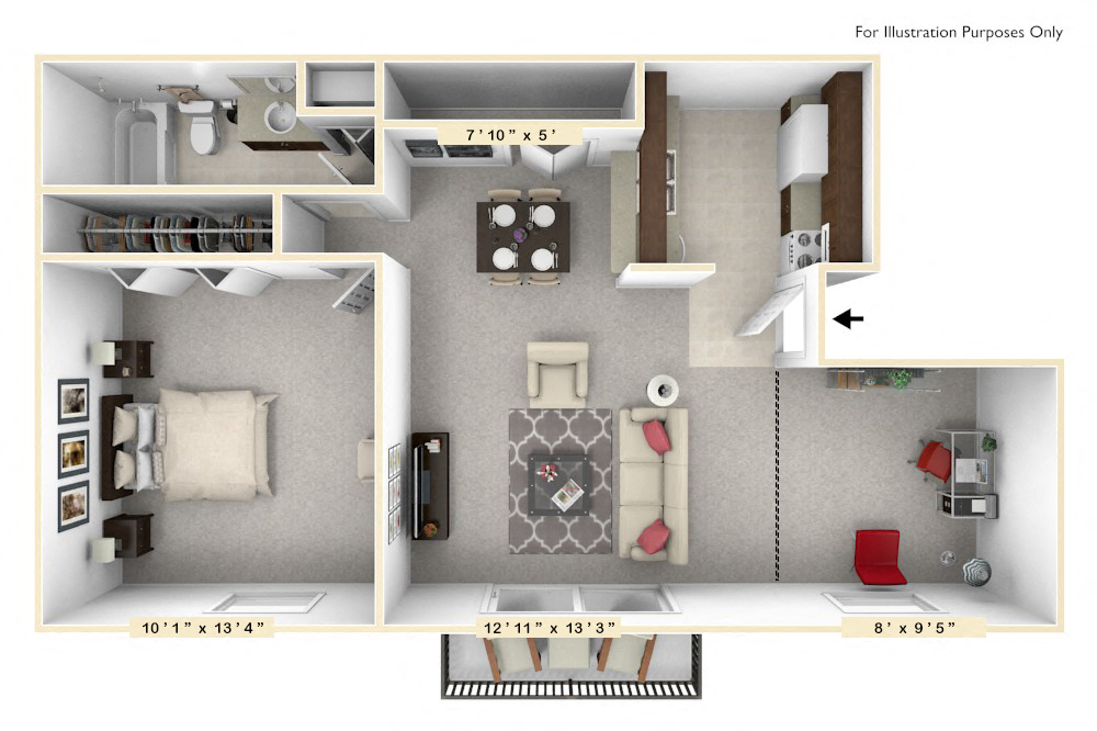 Floor plan for 1 bed, 1 bath, 647 sqft